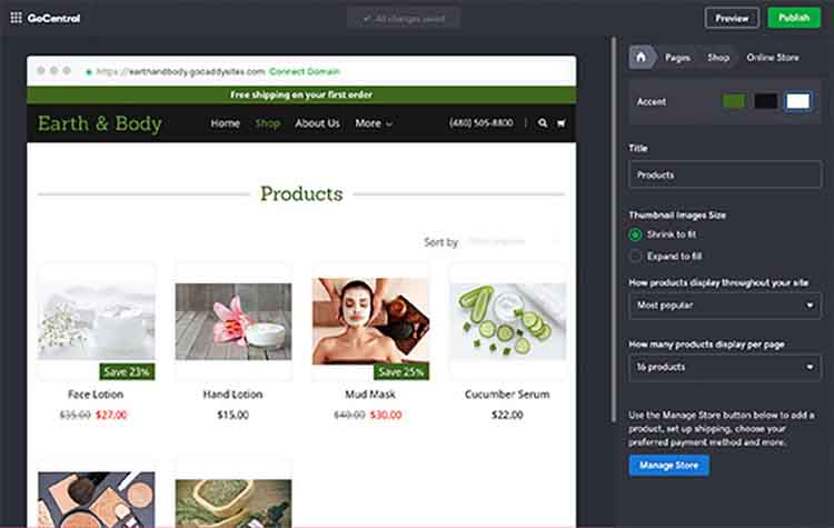 GoDaddy Ecommerce interface GoDaddy Ecommerce interface